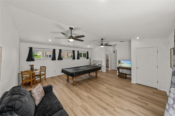 Billiard Table, Game Room, Interior, Recessed Lighting, Wood Texture Flooring