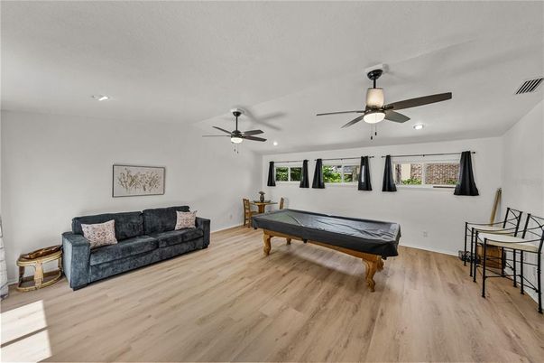 Billiard Table, Game Room, Interior, Recessed Lighting, Wood Texture Flooring