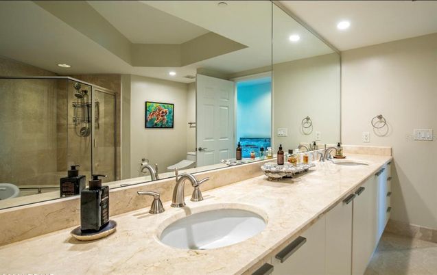 Bathroom, Dual Sink Vanities, Glass Shower, Interior, Recessed Lighting, Water
