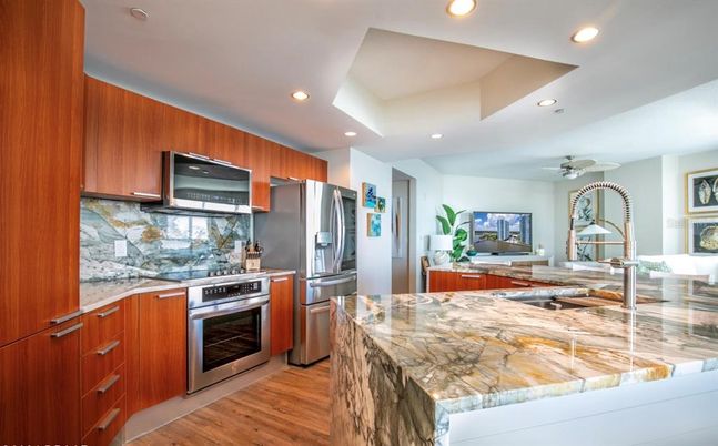 Interior, Kitchen, Recessed Lighting, Stainless Steel Appliances, Wood Texture Flooring