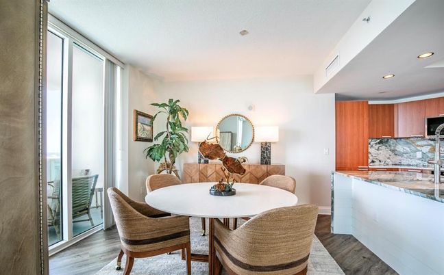 Dining room, Interior, Kitchen, Recessed Lighting, Wood Texture Flooring