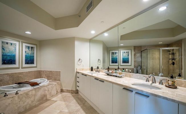 Bathroom, Dual Sink Vanities, Glass Shower, Interior, Recessed Lighting