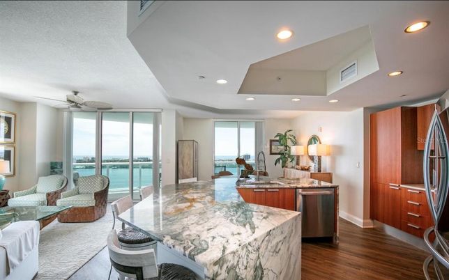 Interior, Kitchen, Living room, Recessed Lighting, Water, Wood Texture Flooring