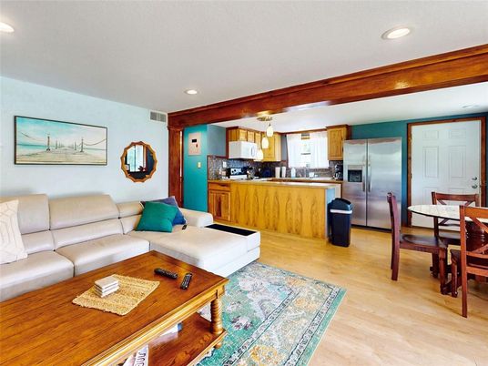 Dining room, Interior, Kitchen, Living room, Pendant Lights, Recessed Lighting, Stainless Steel Appliances, Wood Texture Flooring