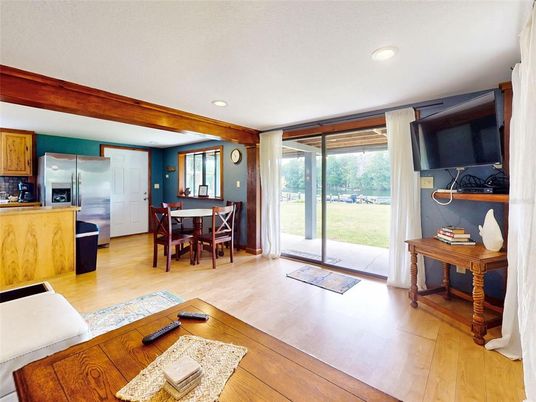 Dining room, Interior, Kitchen, Recessed Lighting, Stainless Steel Appliances, Wood Texture Flooring