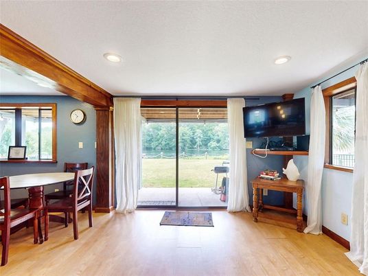 Dining room, Interior, Recessed Lighting, Wood Texture Flooring
