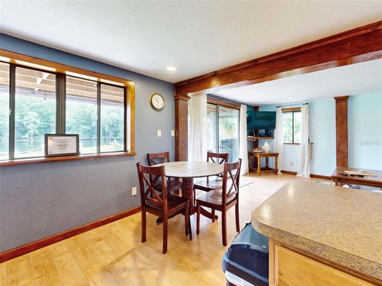 Dining room, Interior, Recessed Lighting, Wood Texture Flooring