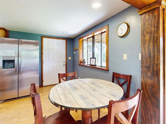 Dining room, Interior, Kitchen, Recessed Lighting, Stainless Steel Appliances, Wood Texture Flooring