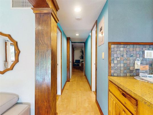 Interior, Recessed Lighting, Stone Walls, Wood Texture Flooring
