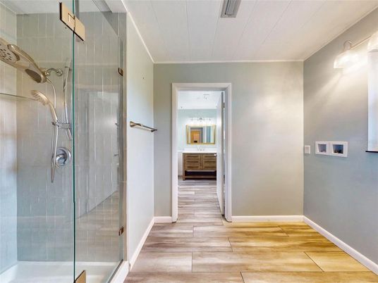 Bathroom, Glass Shower, Interior, Wood Texture Flooring