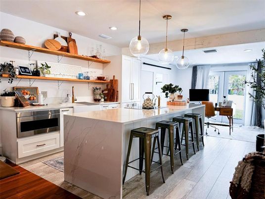 Interior, Kitchen, Pendant Lights, Recessed Lighting, Stainless Steel Appliances, Wood Texture Flooring