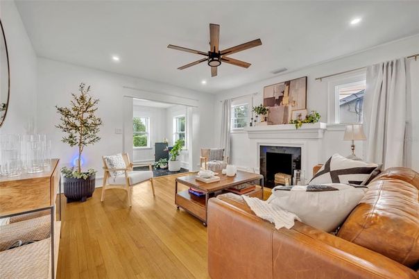 Fireplace, Interior, Living room, Recessed Lighting, Wood Texture Flooring