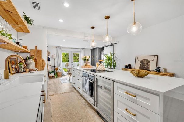 Interior, Kitchen, Pendant Lights, Recessed Lighting, Wood Texture Flooring
