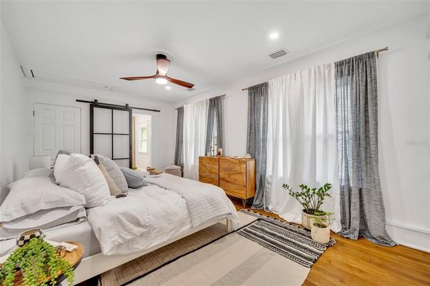 Bedroom, Interior, Recessed Lighting, Wood Texture Flooring