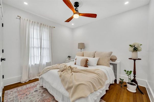 Bedroom, Interior, Recessed Lighting, Wood Texture Flooring