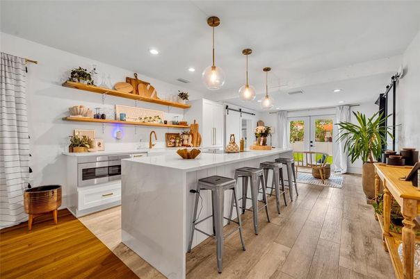 Interior, Kitchen, Pendant Lights, Recessed Lighting, Wood Texture Flooring