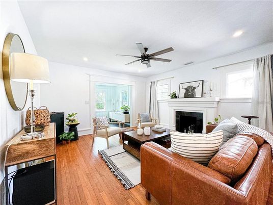 Fireplace, Interior, Living room, Recessed Lighting, Wood Texture Flooring