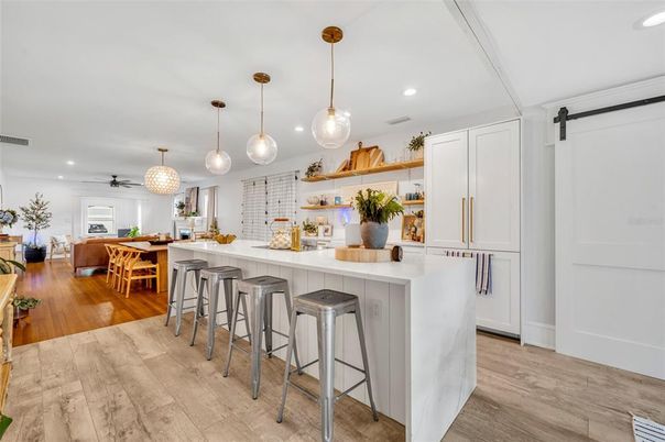Dining room, Interior, Kitchen, Pendant Lights, Recessed Lighting, Wood Texture Flooring