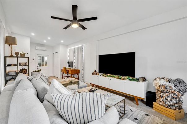 Dining room, Interior, Living room, Recessed Lighting, Wood Texture Flooring