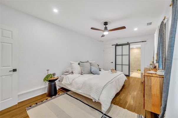 Bedroom, Interior, Recessed Lighting, Wood Texture Flooring