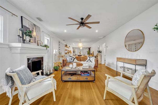 Chandelier, Fireplace, Interior, Recessed Lighting, Wood Texture Flooring
