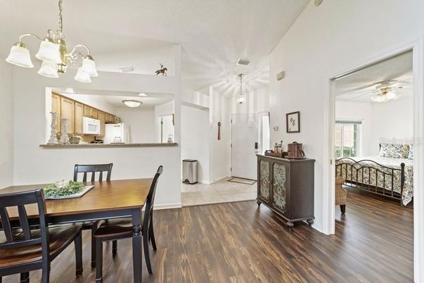 Bedroom, Chandelier, Dining room, Interior, Kitchen, Pendant Lights, Wood Texture Flooring