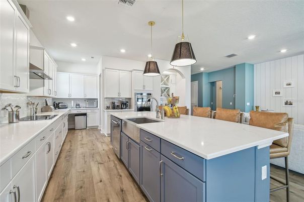 Interior, Kitchen, Pendant Lights, Recessed Lighting, Stainless Steel Appliances, Wood Texture Flooring