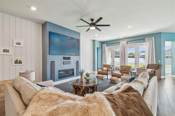 Fireplace, Interior, Living room, Recessed Lighting, Wood Texture Flooring