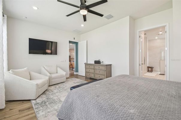 Bedroom, Interior, Recessed Lighting, Wood Texture Flooring