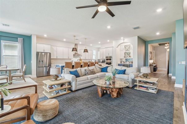 Dining room, Interior, Kitchen, Living room, Pendant Lights, Recessed Lighting, Stainless Steel Appliances, Wood Texture Flooring