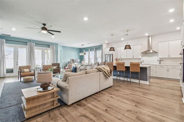 Dining room, Interior, Kitchen, Living room, Pendant Lights, Recessed Lighting, Wood Texture Flooring