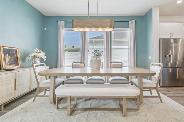 Dining room, Interior, Pendant Lights, Recessed Lighting, Wood Texture Flooring