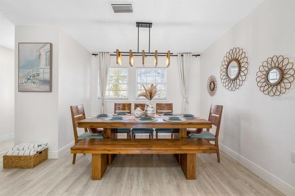 Dining room, Interior, Pendant Lights, Wood Texture Flooring