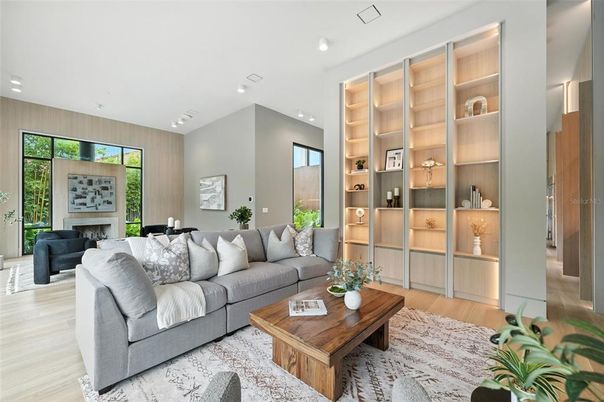 Interior, Living room, Recessed Lighting, Wood Texture Flooring