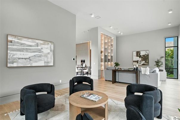 Dining room, Interior, Living room, Recessed Lighting, Wood Texture Flooring