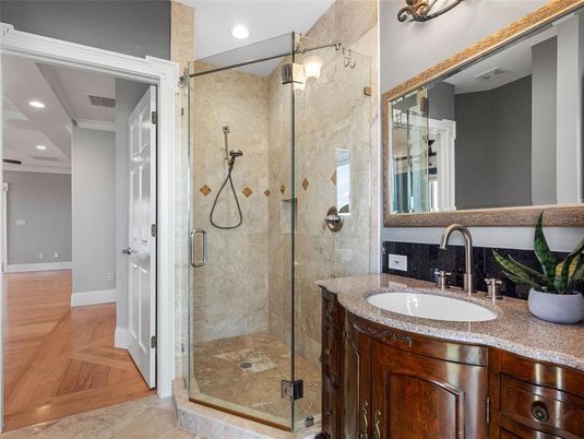 Bathroom, Glass Shower, Interior, Recessed Lighting, Wood Texture Flooring