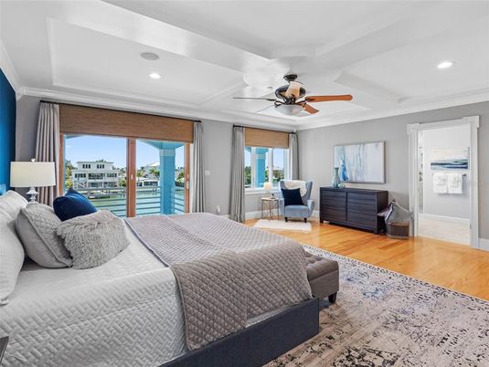 Bedroom, Interior, Recessed Lighting, Water, Wood Texture Flooring