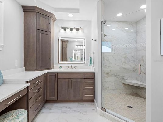 Bathroom, Glass Shower, Interior, Marble, Marble Walls, Recessed Lighting