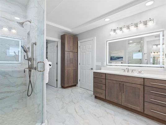 Bathroom, Glass Shower, Interior, Marble, Marble Walls, Recessed Lighting
