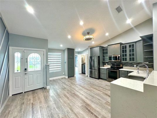 Interior, Kitchen, Recessed Lighting, Wood Texture Flooring