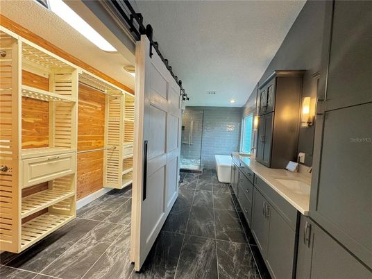 Bathroom, Free Standing Baths, Interior, Marble, Recessed Lighting, Wooden Walls