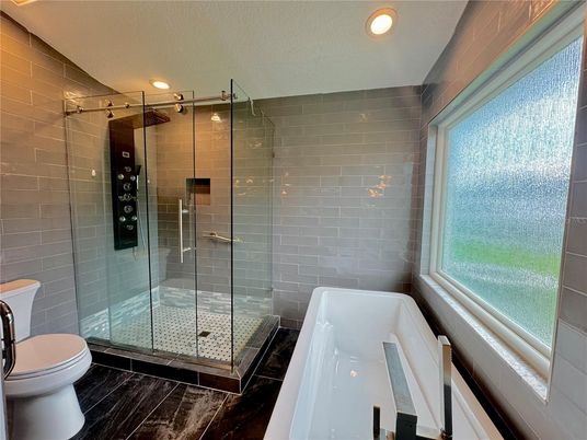 Bathroom, Glass Shower, Interior, Recessed Lighting, Wood Texture Flooring