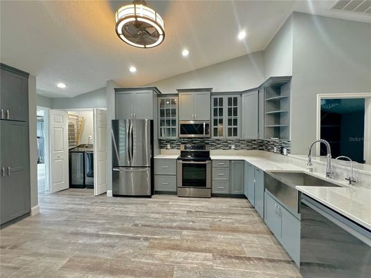 Interior, Kitchen, Recessed Lighting, Stainless Steel Appliances, Wood Texture Flooring