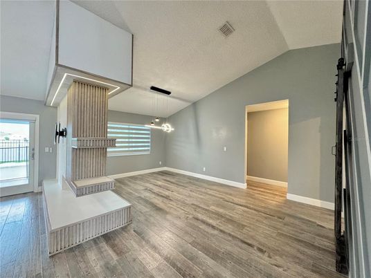 Empty room, Interior, Pendant Lights, Wood Texture Flooring