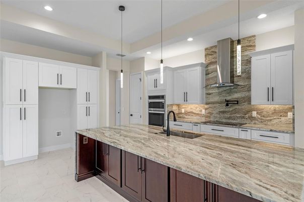 Interior, Kitchen, Marble, Pendant Lights, Recessed Lighting, Stainless Steel Appliances