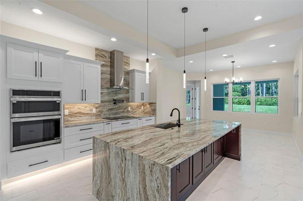 Interior, Kitchen, Marble, Pendant Lights, Recessed Lighting, Stainless Steel Appliances