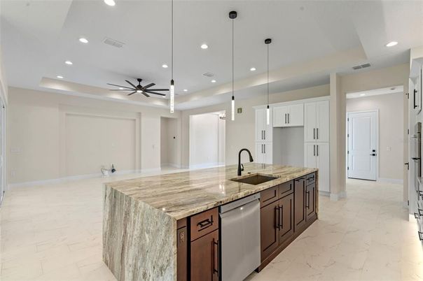 Interior, Kitchen, Marble, Pendant Lights, Recessed Lighting, Stainless Steel Appliances