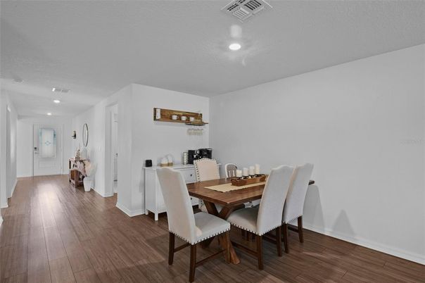 Dining room, Interior, Recessed Lighting, Wood Texture Flooring