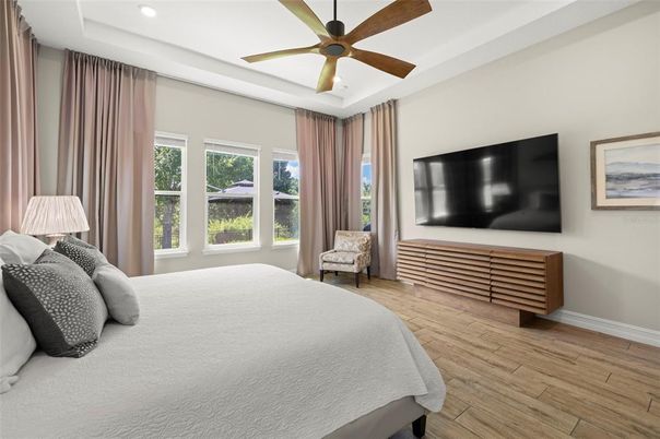 Bedroom, Interior, Recessed Lighting, Wood Texture Flooring