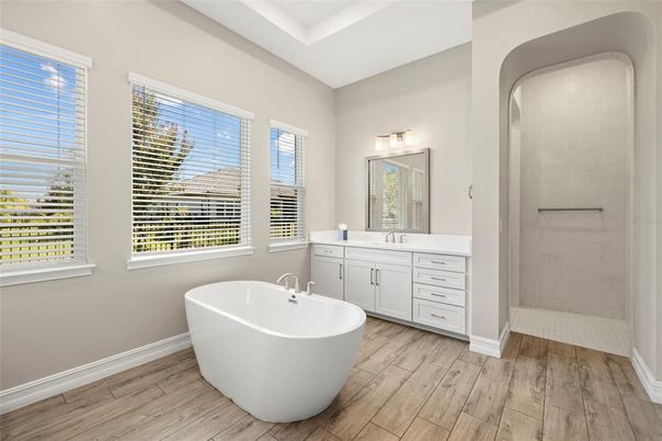 Bathroom, Dual Sink Vanities, Free Standing Baths, Interior, Wood Texture Flooring
